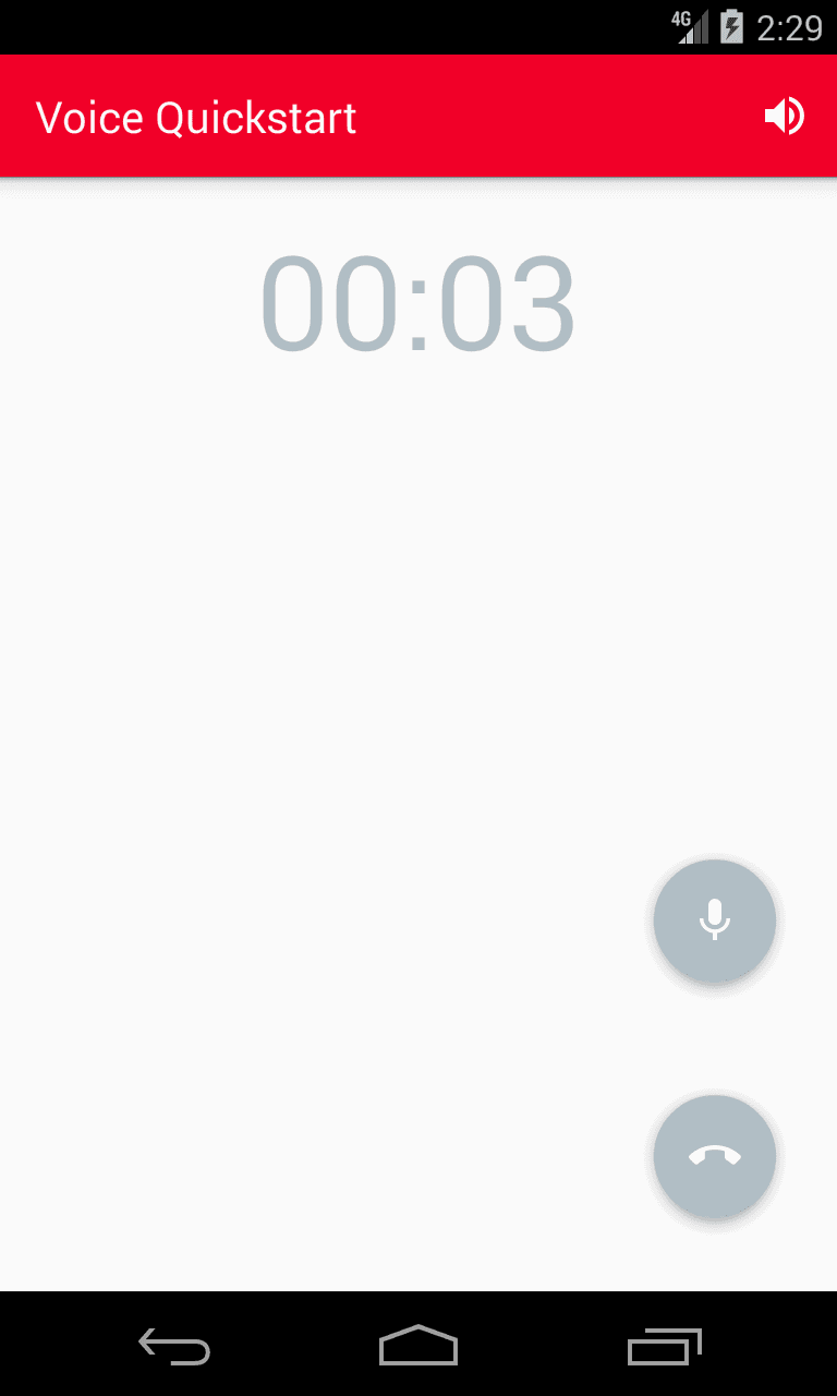 Voice Quickstart app interface with active timer at 00:03 and microphone and phone icons.