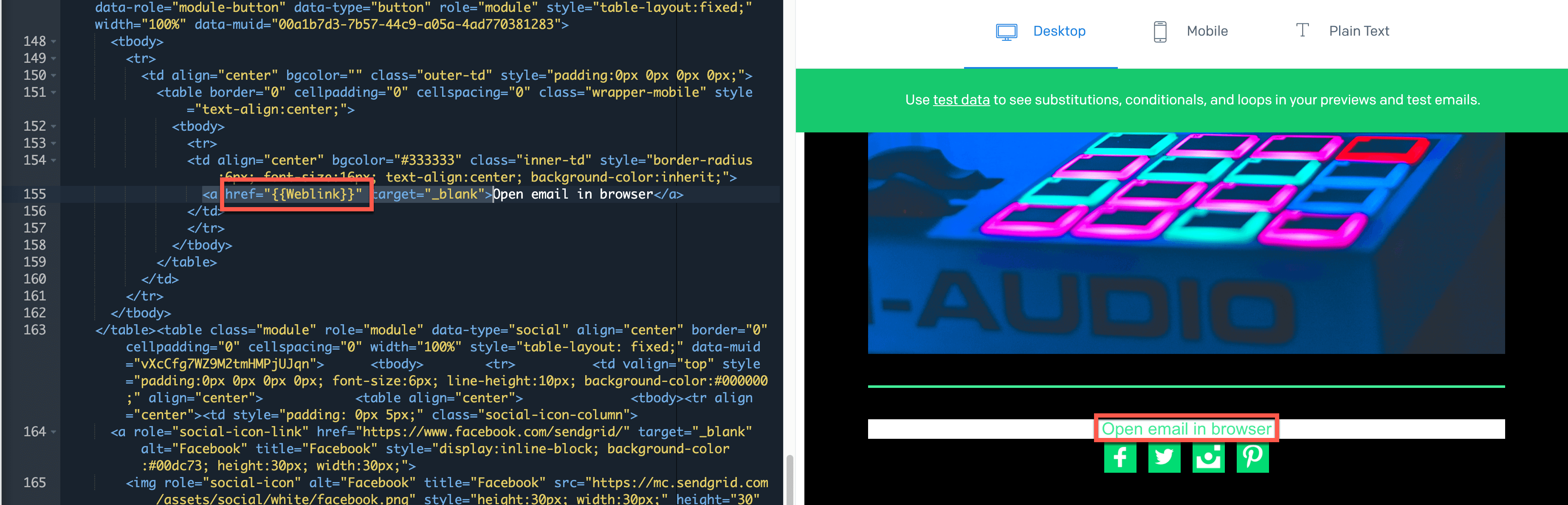 The Code Editor interface with {Weblink} assigned to an href attribute.