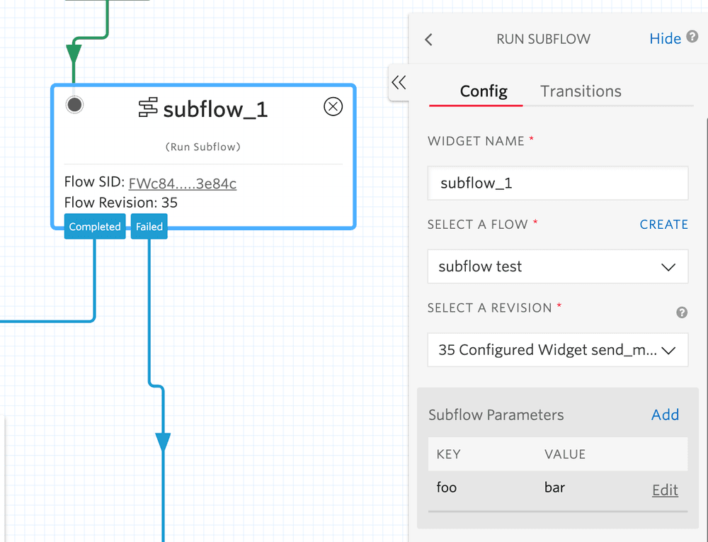 Twilio Studio Subflow widget with flow SID, revision, and parameters configuration.