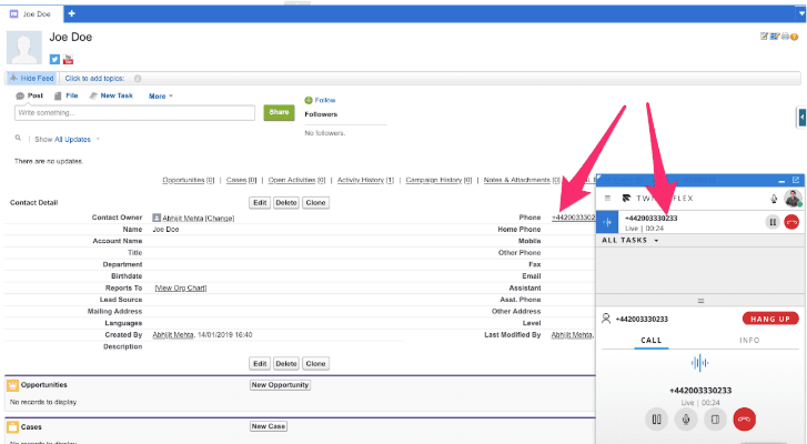 Salesforce search results for Abhijit with contact details and Twilio Flex chat window.