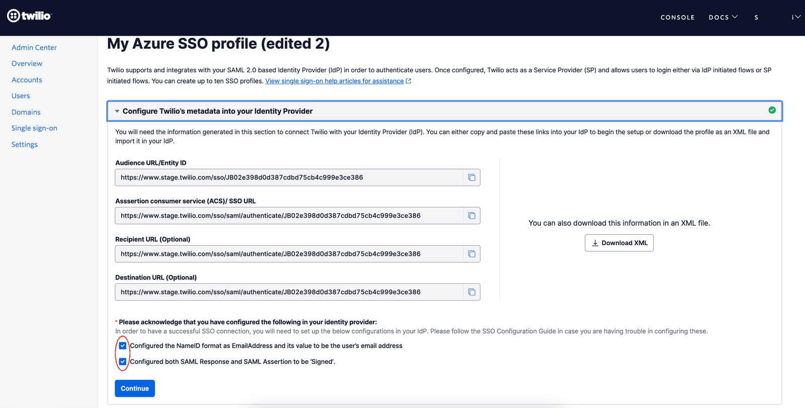 Azure SSO profile configuration with Twilio metadata and download XML option.