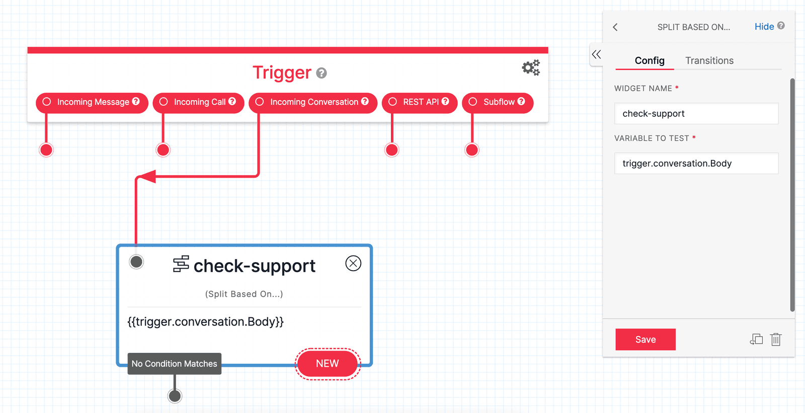 Twilio Studio Tutorial Using Conversations Split Based On widget... checkes the Liquid variable for the support keyword.