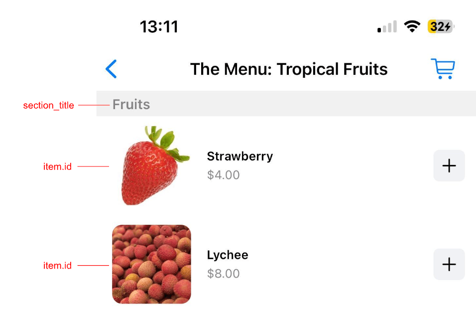 Menu displaying tropical fruits with prices, including strawberry for $4 and lychee for $8.