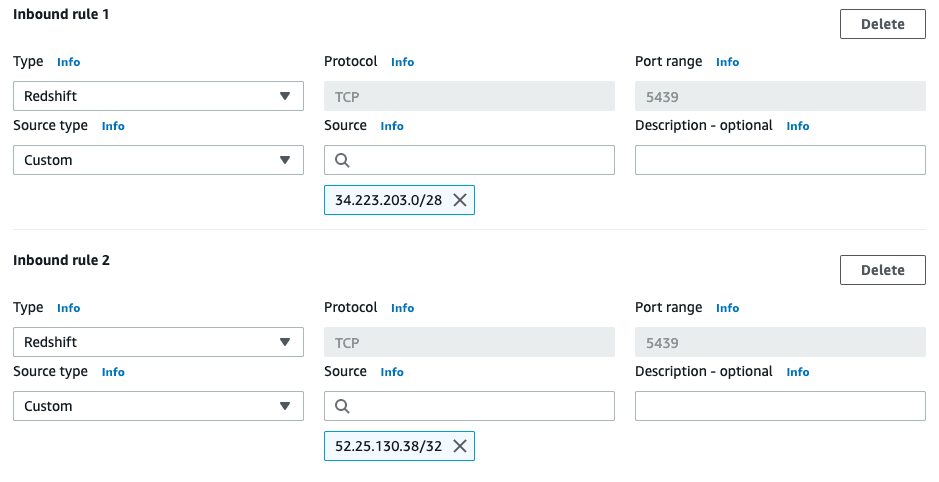 Two inbound Redshift rules with TCP protocol and custom source IPs.