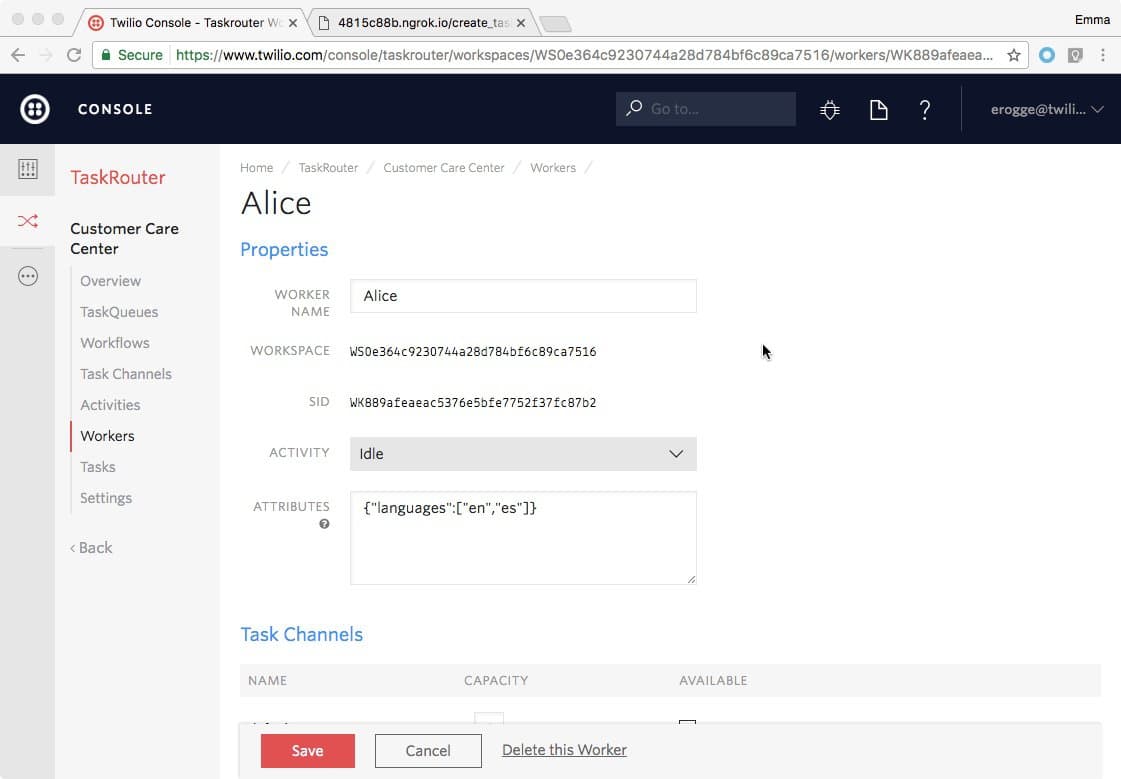 Twilio console showing Alice set to Idle in TaskRouter worker settings.