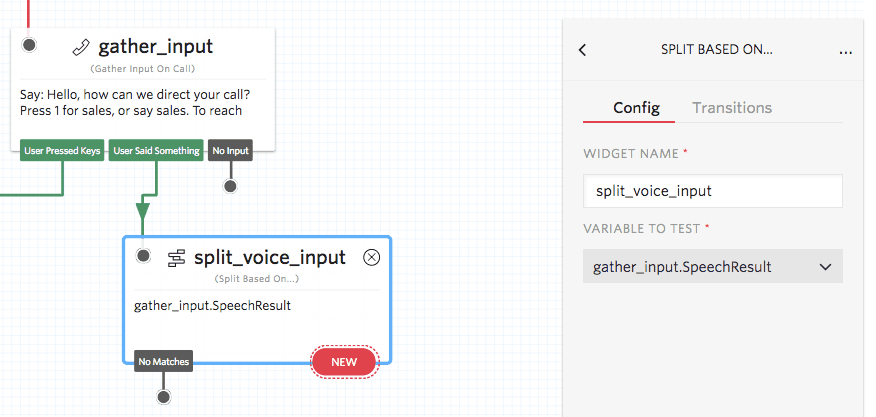 Split based on widget for voice input linked to User Said Something transition.