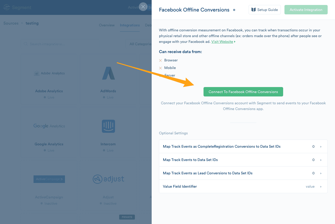 Facebook Offline Conversions connected in Segment with reauthorize and disconnect options.