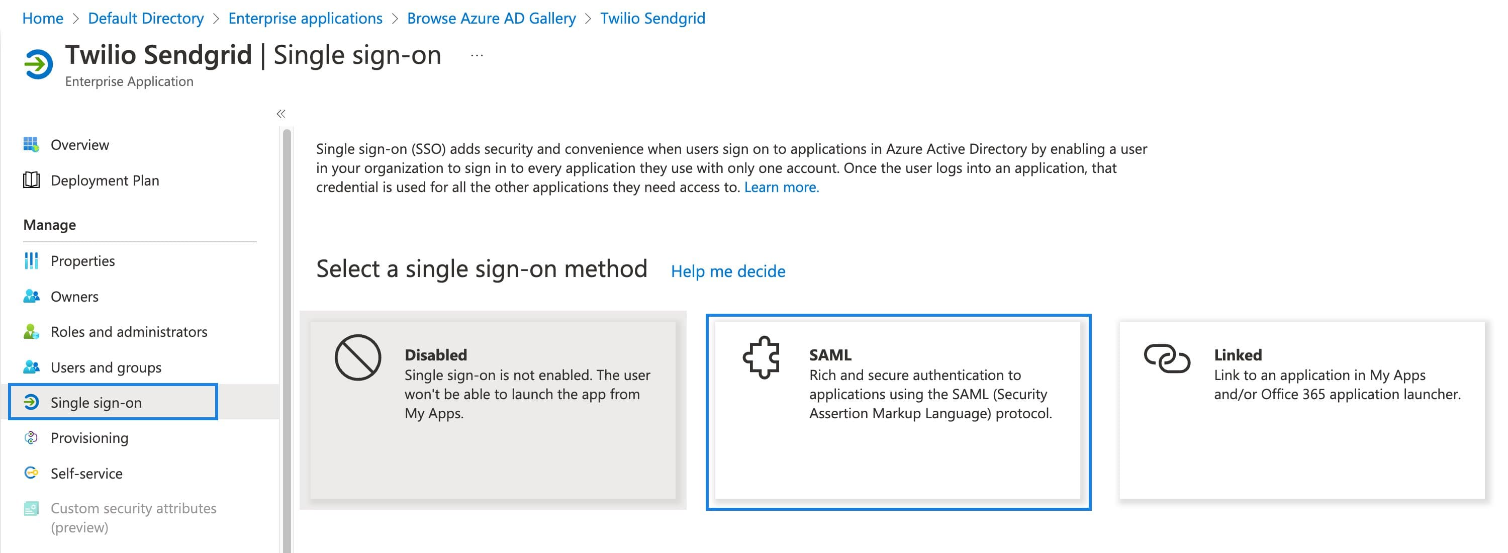 SAML tile selected for single sign-on setup in Twilio Sendgrid Azure AD.