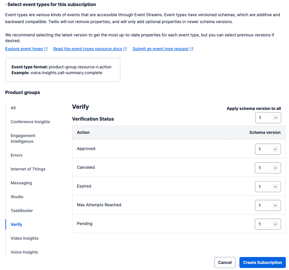 Verify event subscription page with actions like Approved, Canceled, and Pending.