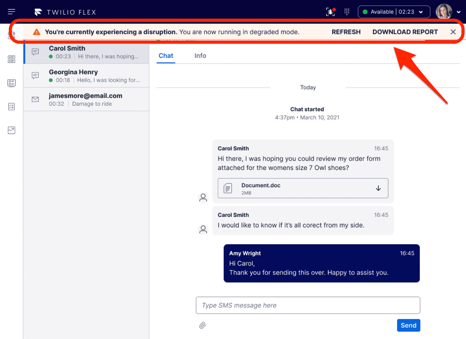 Twilio Flex interface showing a disruption alert and chat messages.