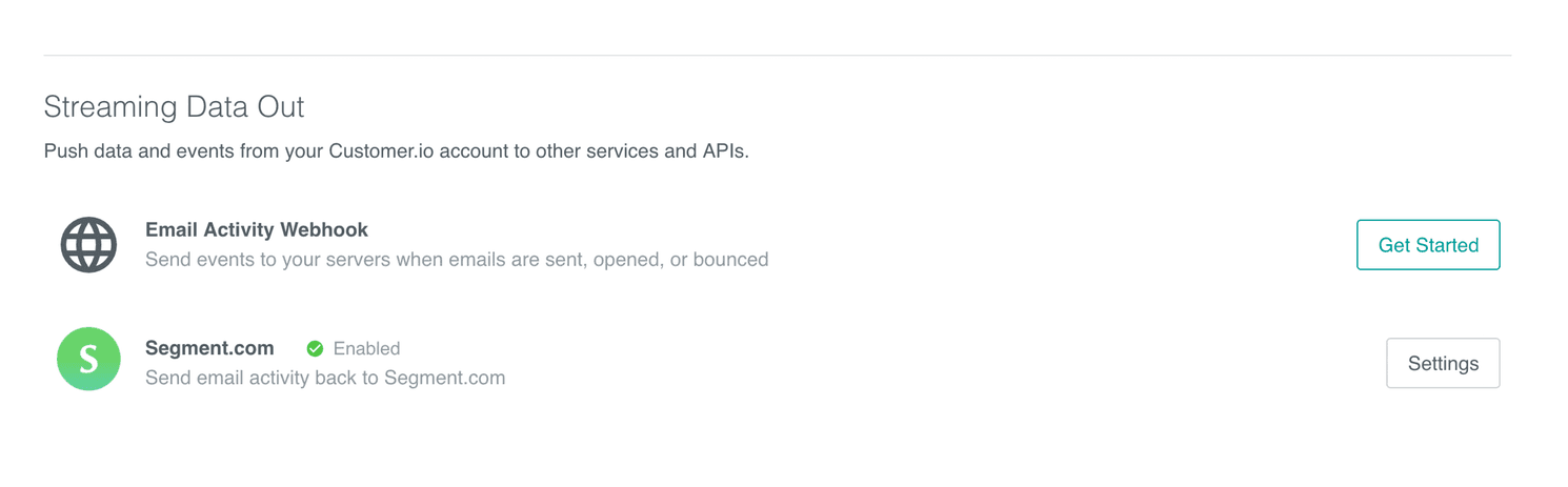 Streaming Data Out page with Segment.com enabled for email activity.
