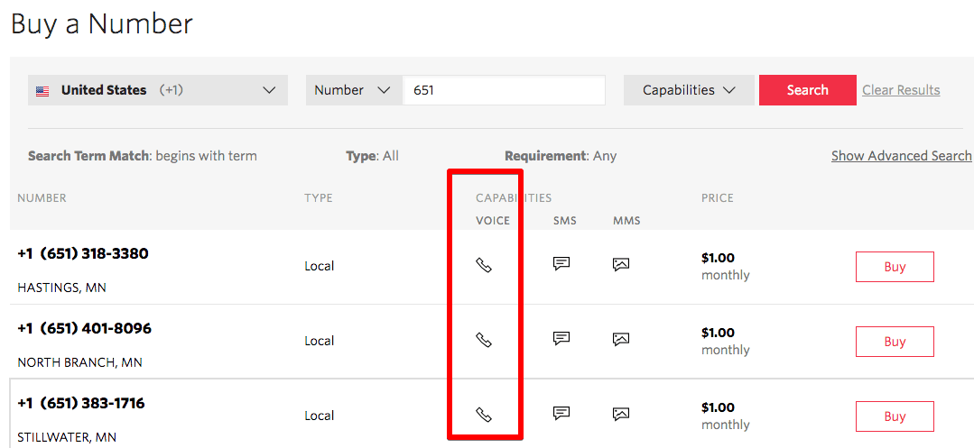 Search results for voice-capable local numbers in area code 651 with pricing and buy options.