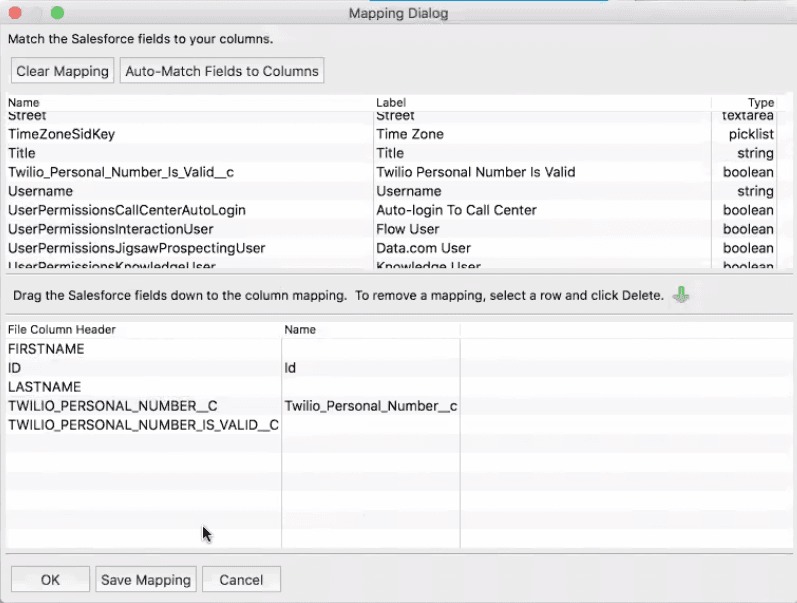Salesforce fields mapped to column headers with options to clear or auto-match fields.