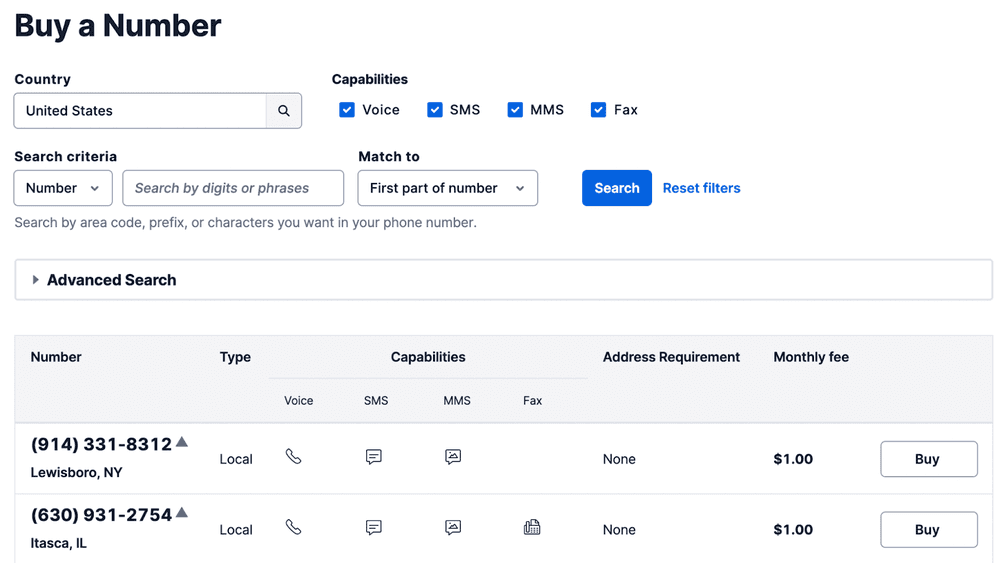 'Buy a number' page in Twilio's Phone Numbers console. In the top right, Voice and SMS capabilities are both selected.
