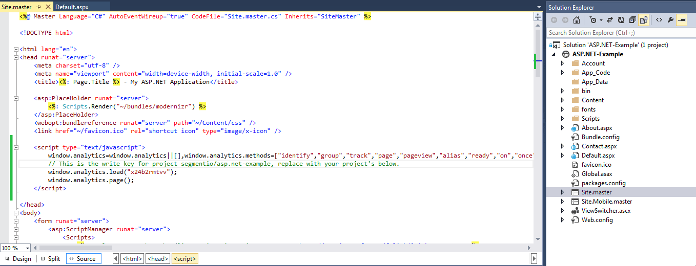 Visual Studio code editor showing ASP.NET project with Segment analytics script.