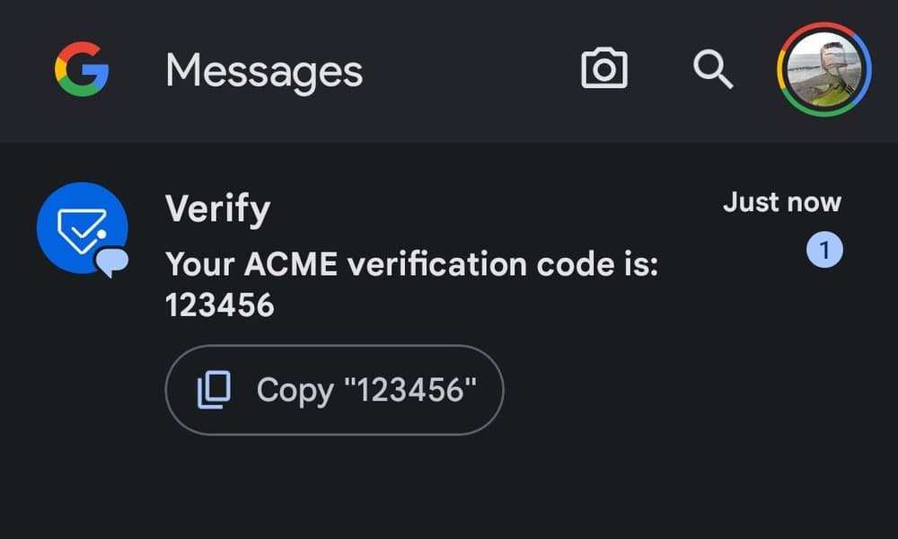 Google Messages showing ACME verification code 123456 with copy option.