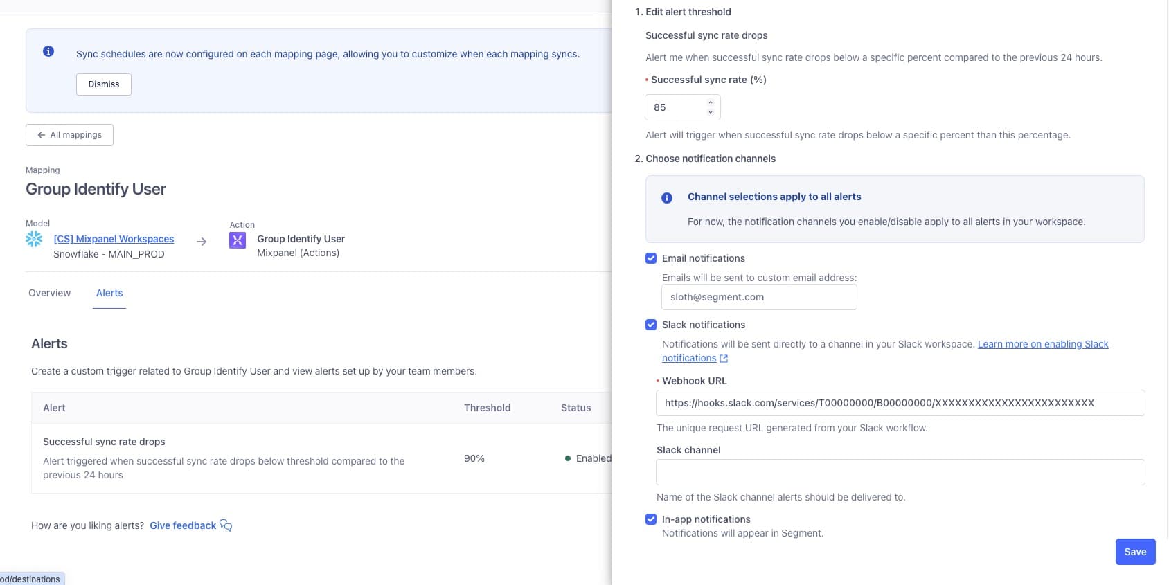 Alerts tab for Group Identify User mapping with alert threshold and notification settings.