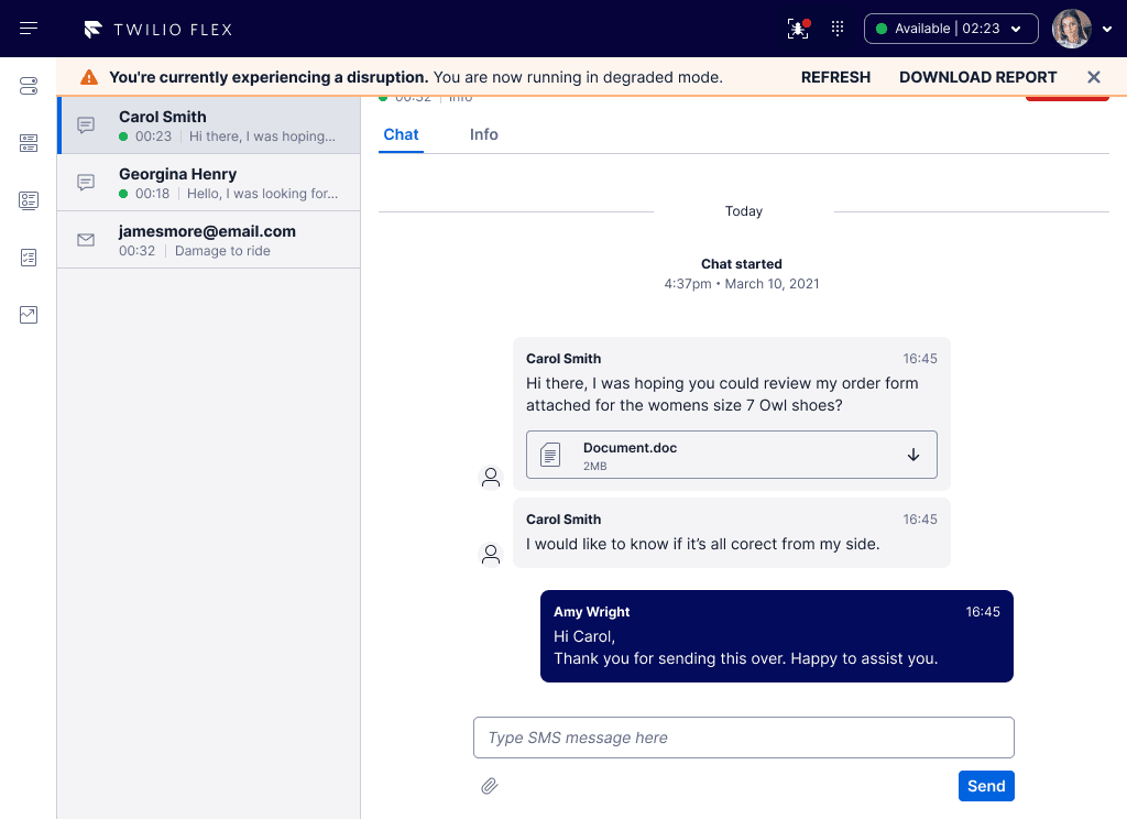 Twilio Flex chat interface showing degraded mode notification and conversation with Carol Smith about an order form.