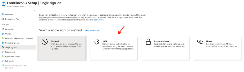 Select SAML for secure authentication in single sign-on setup.