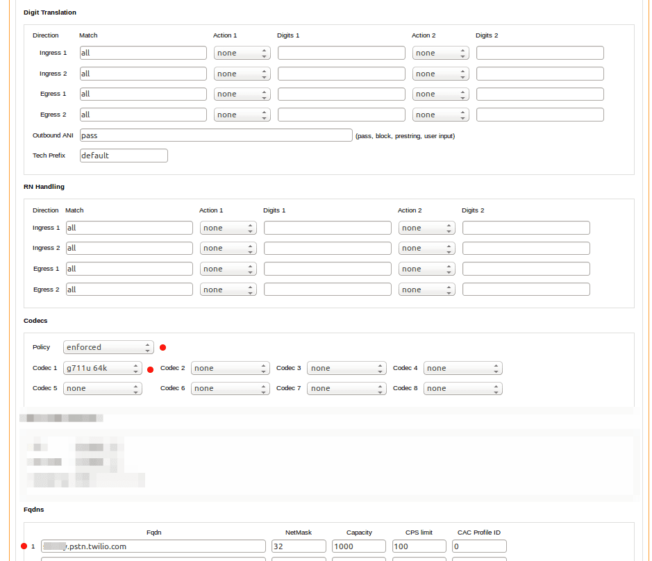 Sansay configuration showing digit translation, RN handling, codecs, and FQDN settings.