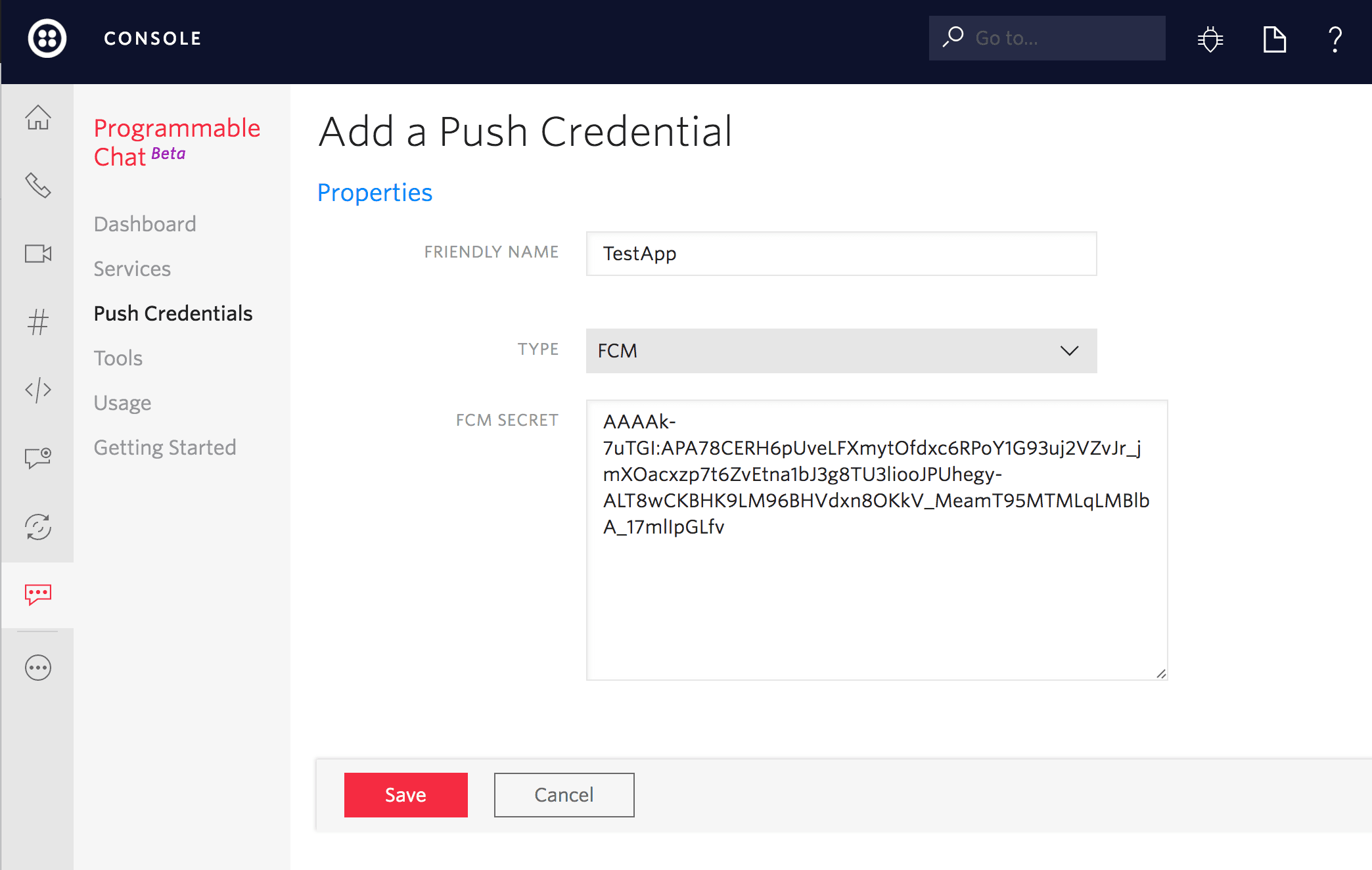 Twilio Console showing FCM push credential setup with TestApp and secret key.