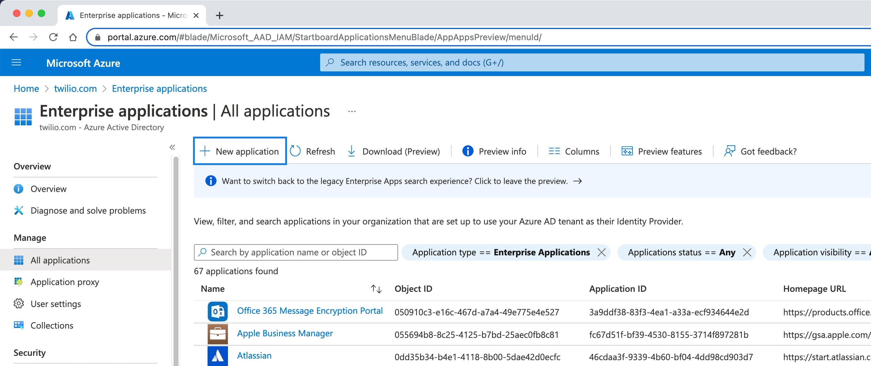 Azure AD portal showing Enterprise applications with a highlighted 'New application' button.