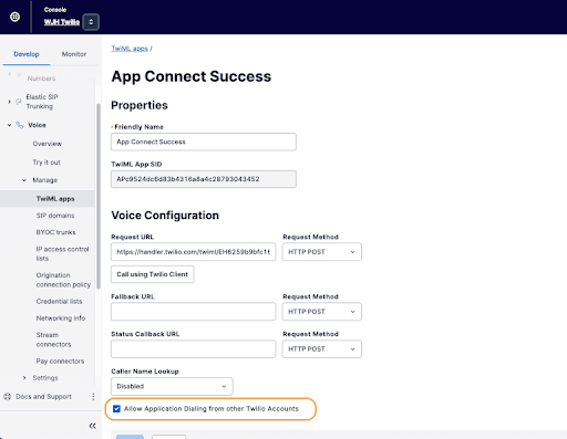 Checkbox for 'Allow Application Dialing from other Twilio Accounts' checked on TwiML App Connect Success page.