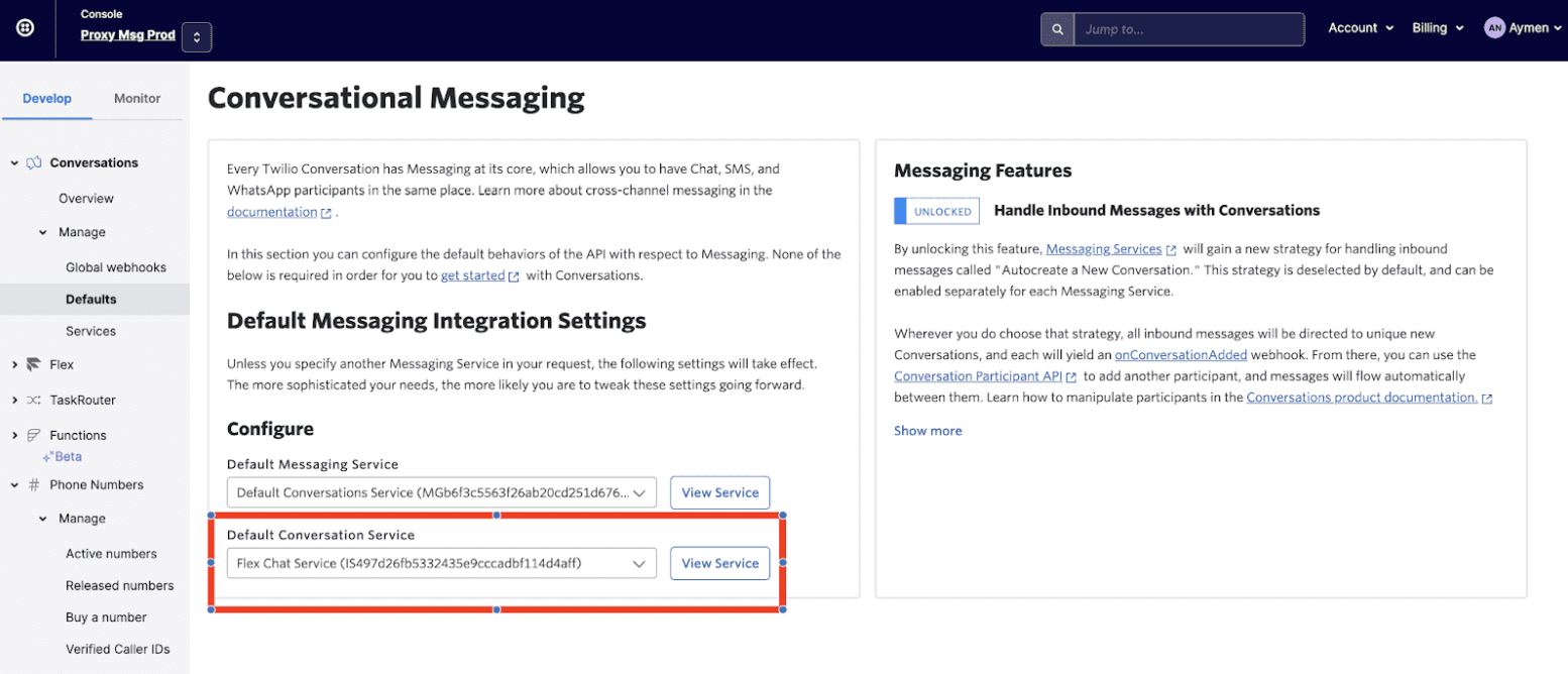 Default Conversation Service set to Flex Chat Service with view service option.