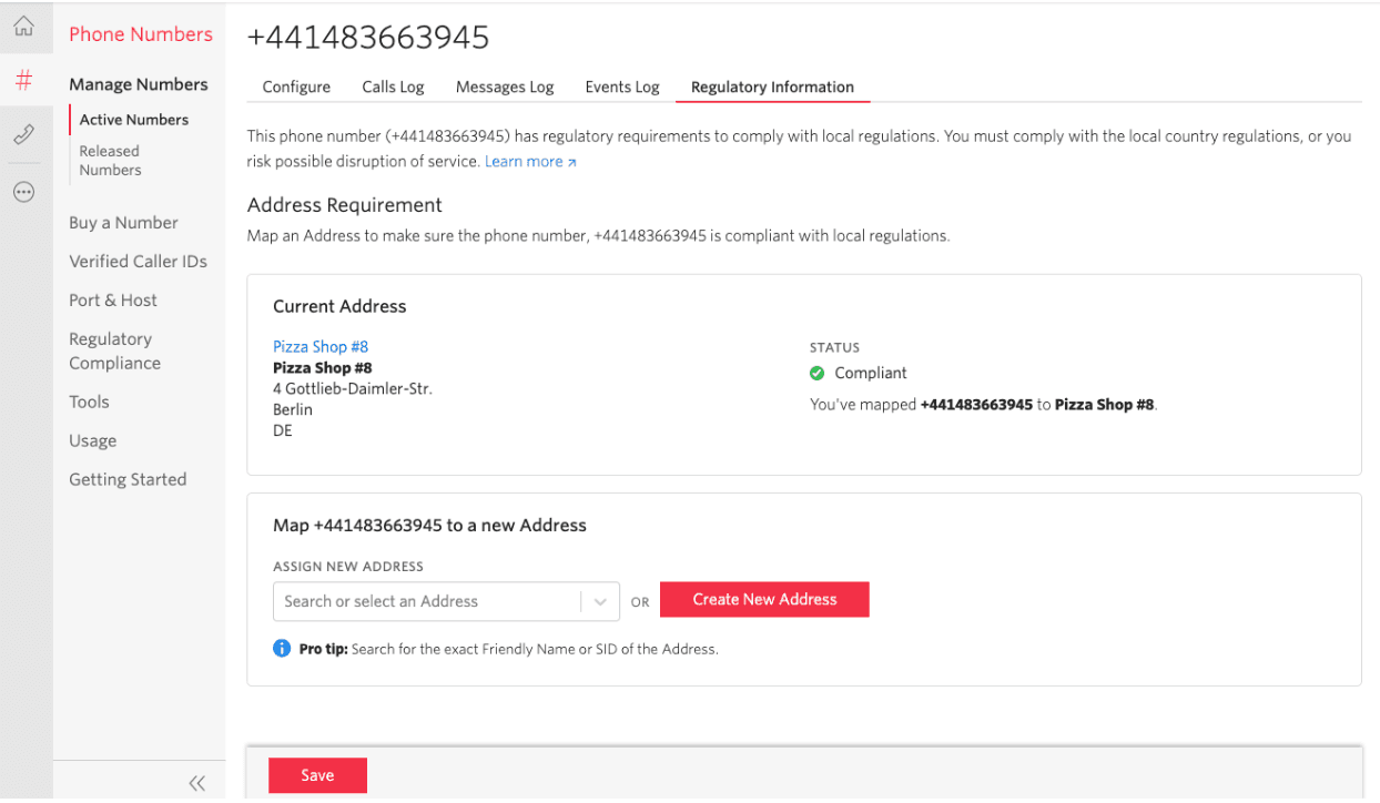 Phone number +441483663945 mapped to Pizza Shop #8, status compliant with local regulations.