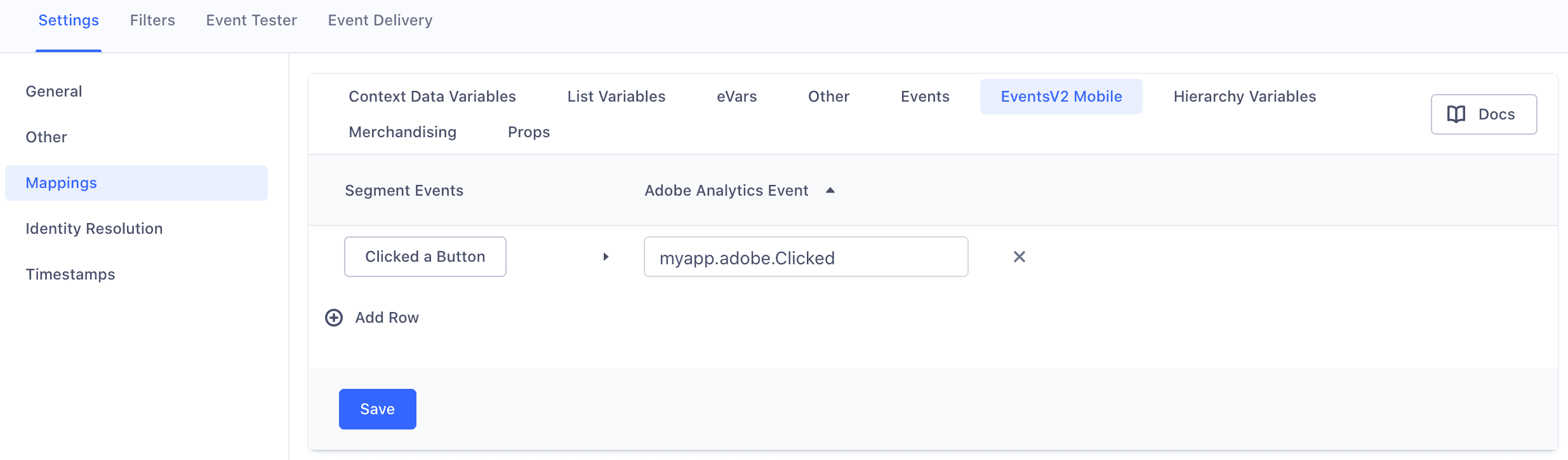 Adobe Analytics settings in Segment with 'color' mapping to 'myapp.adobe.color' under the Context Data Variables tab.