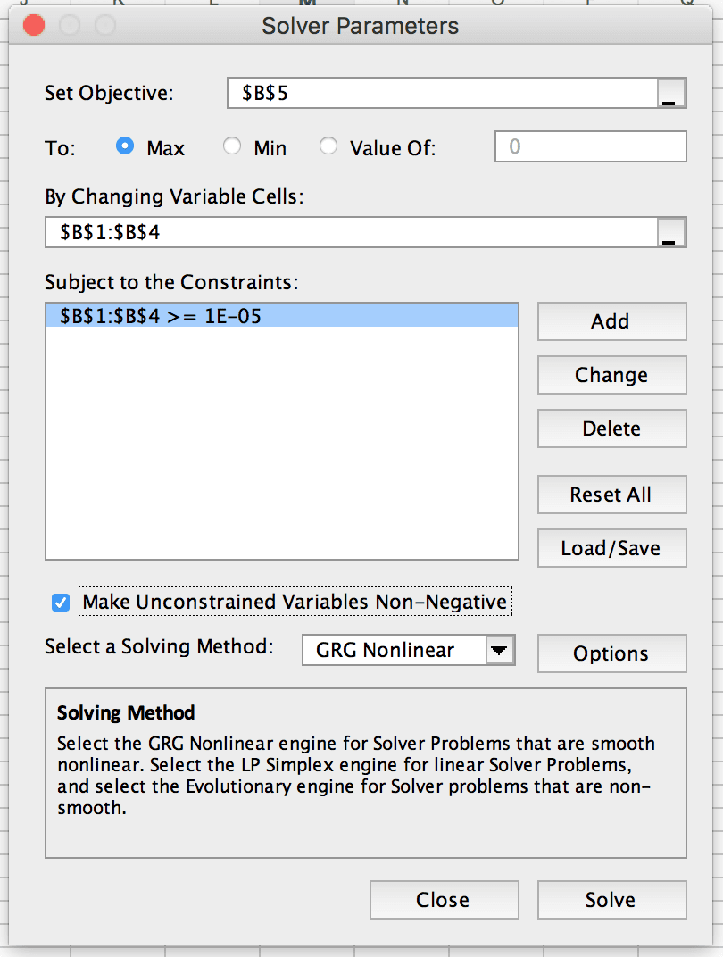 Solver Parameters dialog in Google Sheets, with the cells B1:B4 set greater than or equal to 1E to the -5.
