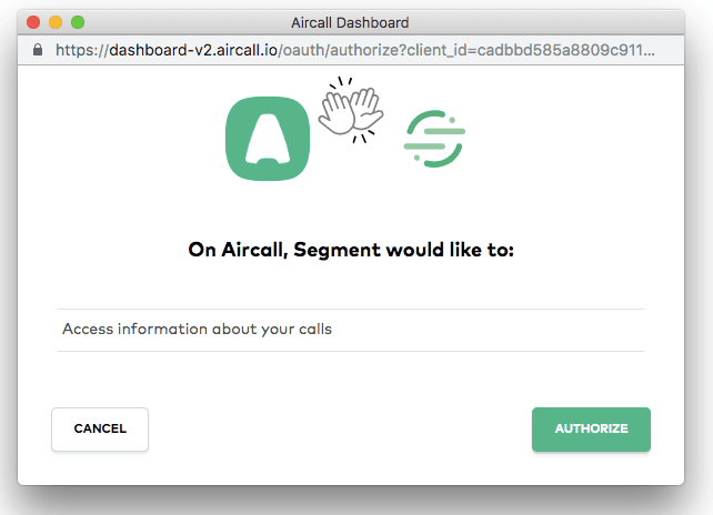 Aircall authorization popup requesting access to call information with options to cancel or authorize.