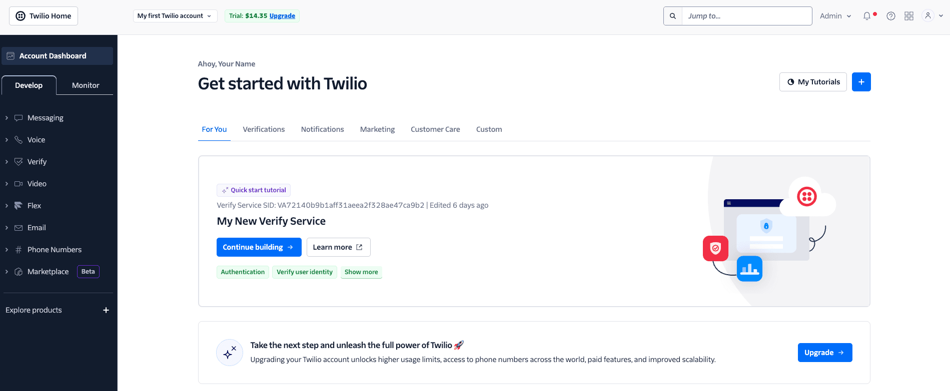 Twilio Console page showing My New Verify Service with options to continue building or upgrade account.