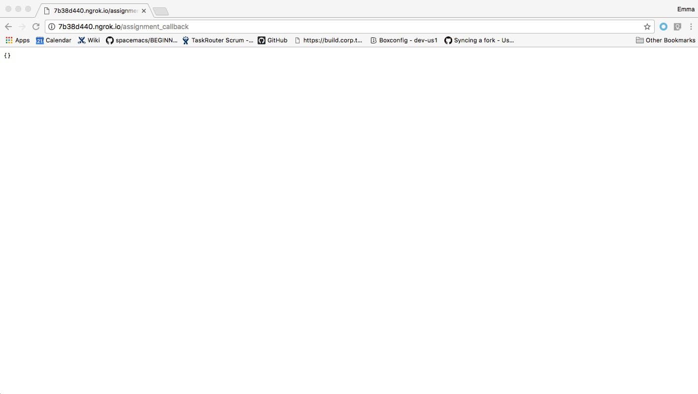 Browser showing empty JSON response at ngrok URL.
