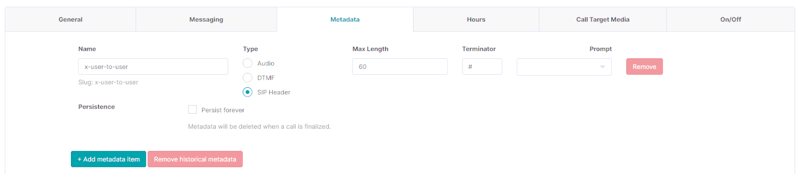 Metadata settings with SIP Header type, max length 60, terminator #, and add or remove options.