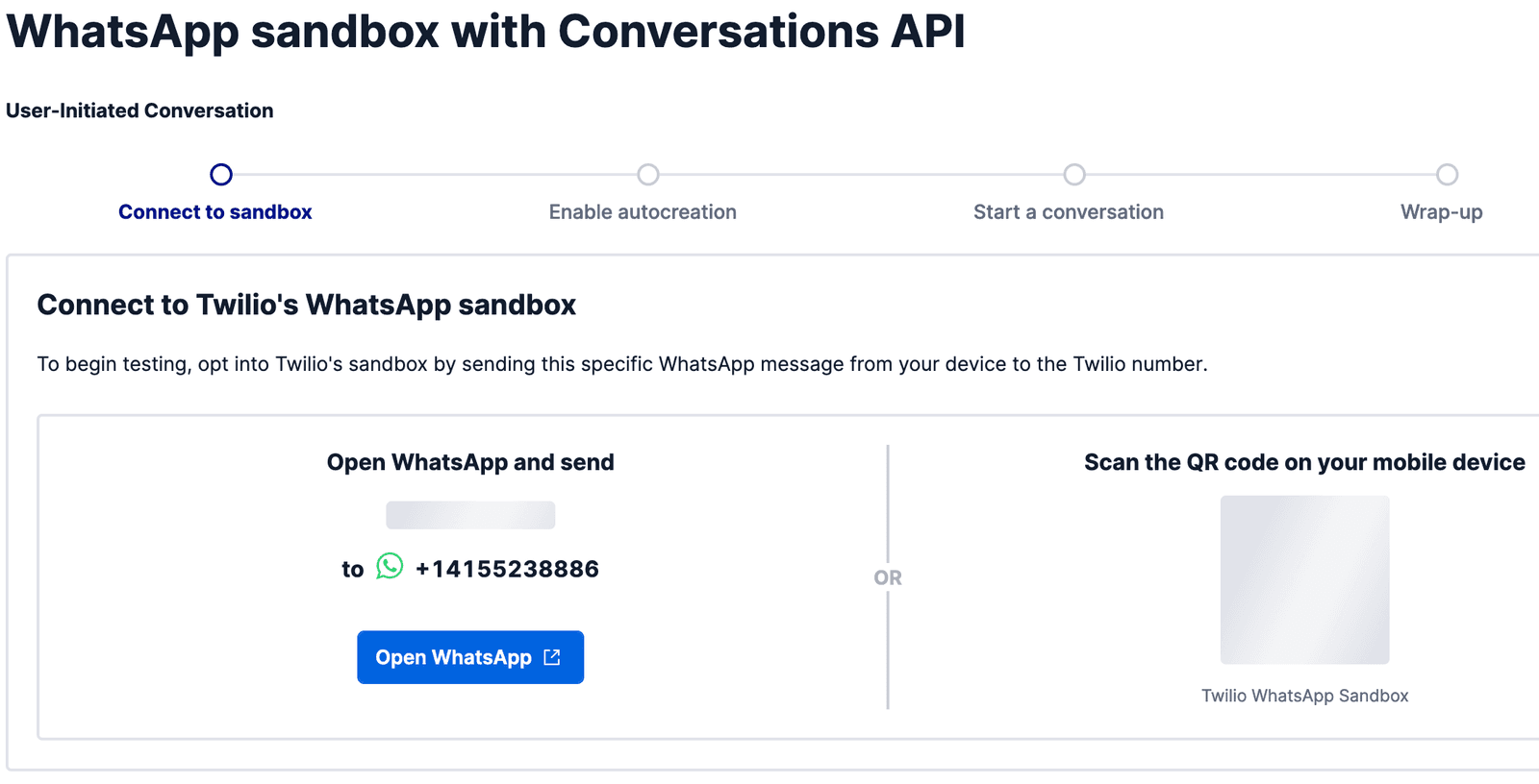 Instructions to connect to Twilio WhatsApp sandbox by sending a message or scanning a QR code.