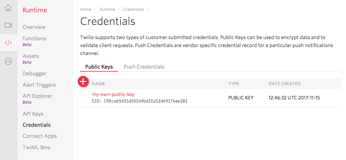 Twilio Credentials page displaying public keys, including 'my-own-public-key' with SID and creation date.