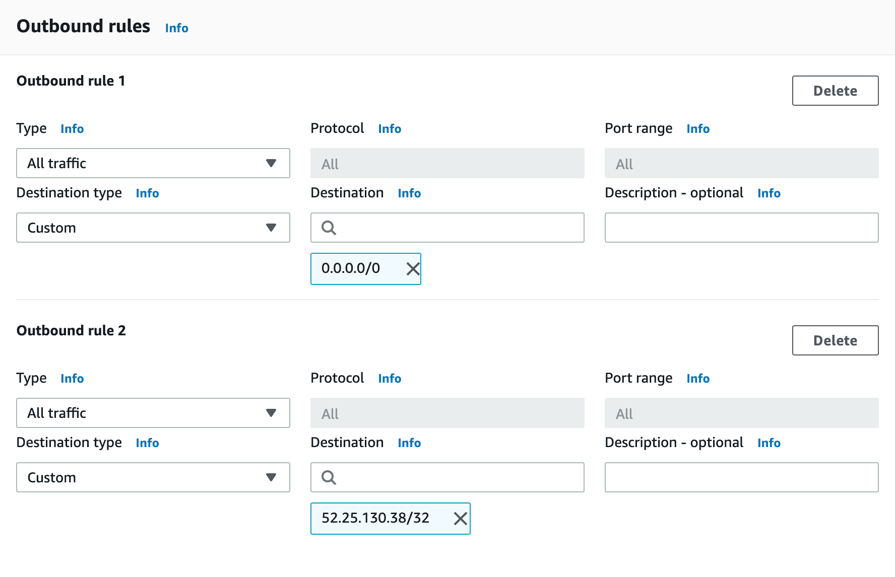 Two outbound rules for all traffic with custom destinations.