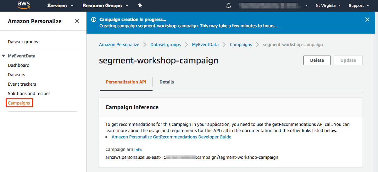 Amazon Personalize Campaign inference setting with Campaigns highlighted in navigation.