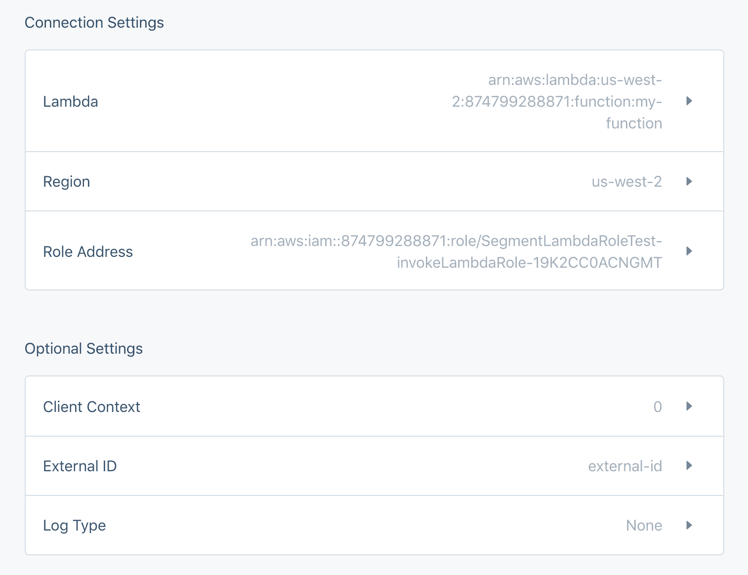 Segment connection settings with Lambda function, region us-west-2, and role address details.