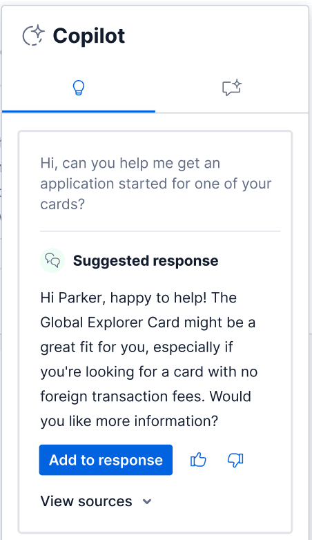 Agent view of a suggested response in Flex UI.