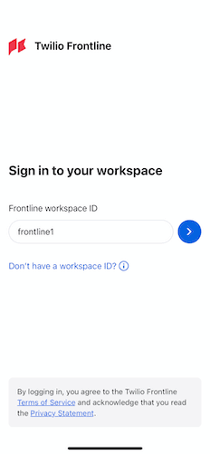 Twilio Frontline workspace ID login screen with terms of service link.