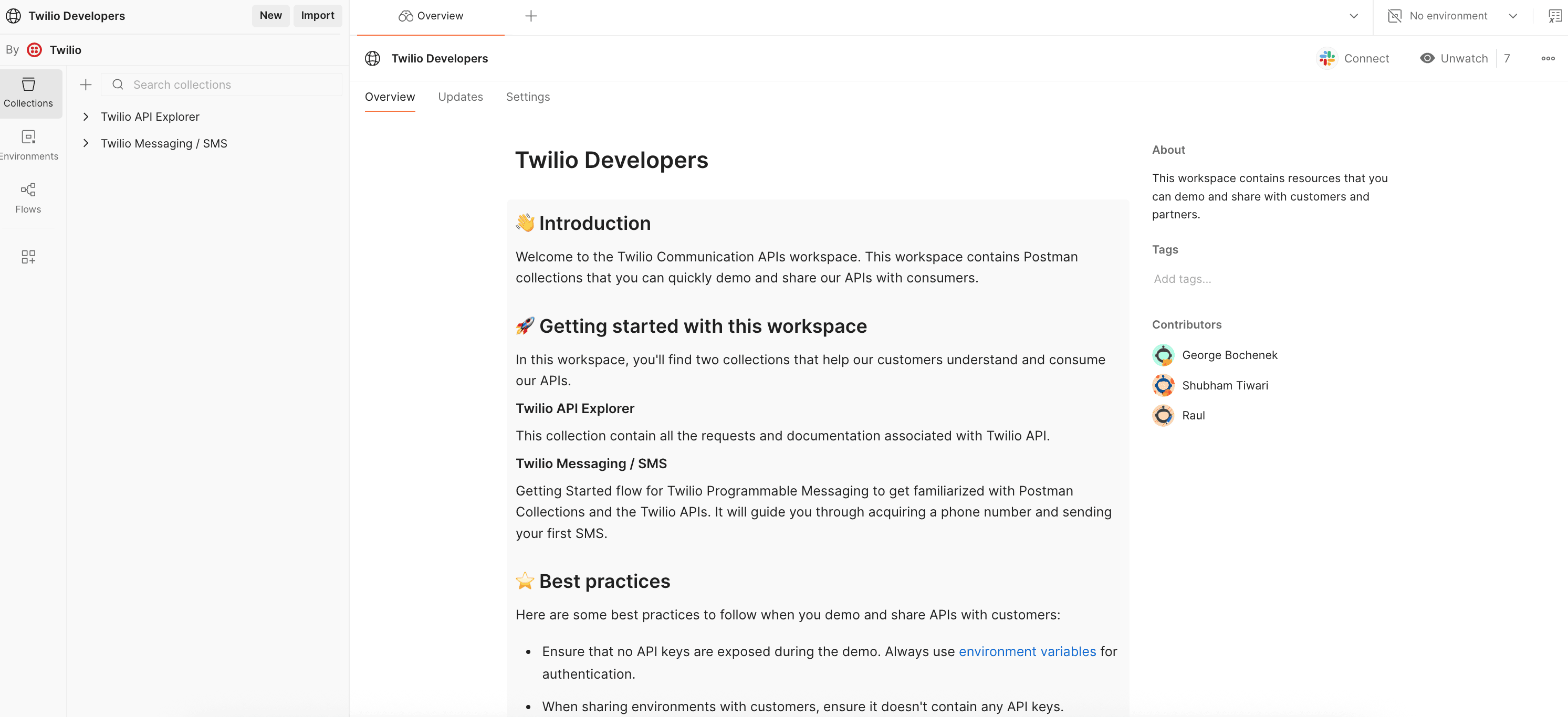 Twilio Developer workspace with API Explorer and Messaging collections.