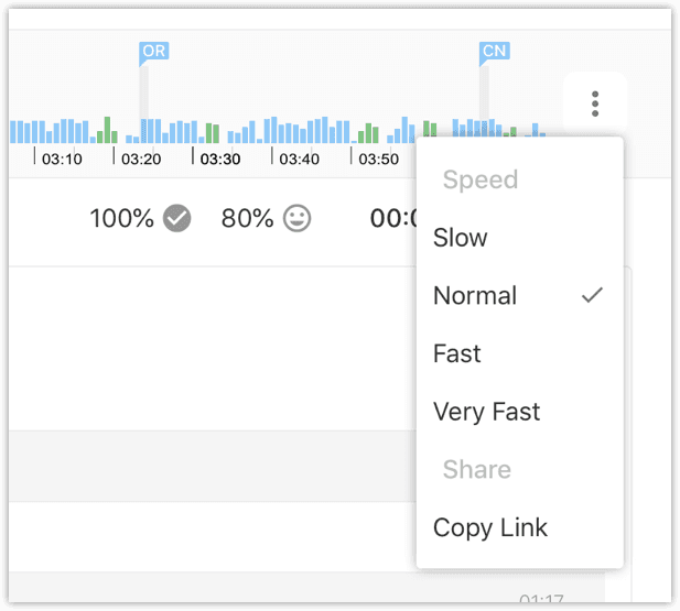 Audio player menu with speed options and share link.