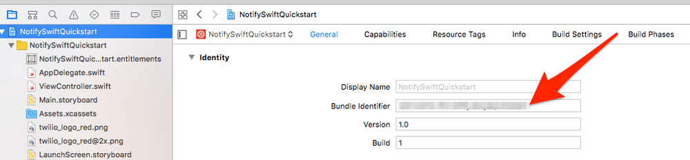 Xcode project showing NotifySwiftQuickstart bundle identifier field highlighted.