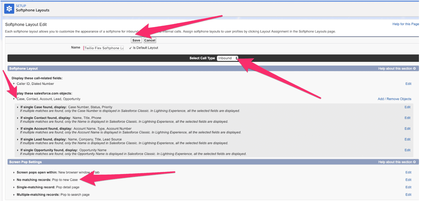 Softphone layout edit screen showing settings for case, contact, account, lead, and opportunity objects.