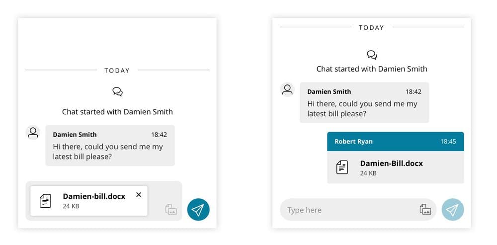 Web chat showing a request for a bill document attachment between Damien Smith and Robert Ryan.
