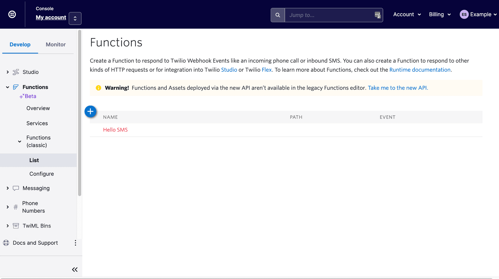 Twilio Functions list view showing 'Hello SMS' function under Functions Classic.