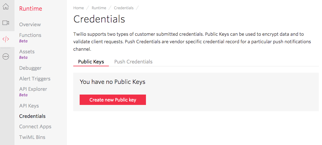 Twilio credentials page with no public keys and a button to create a new public key.