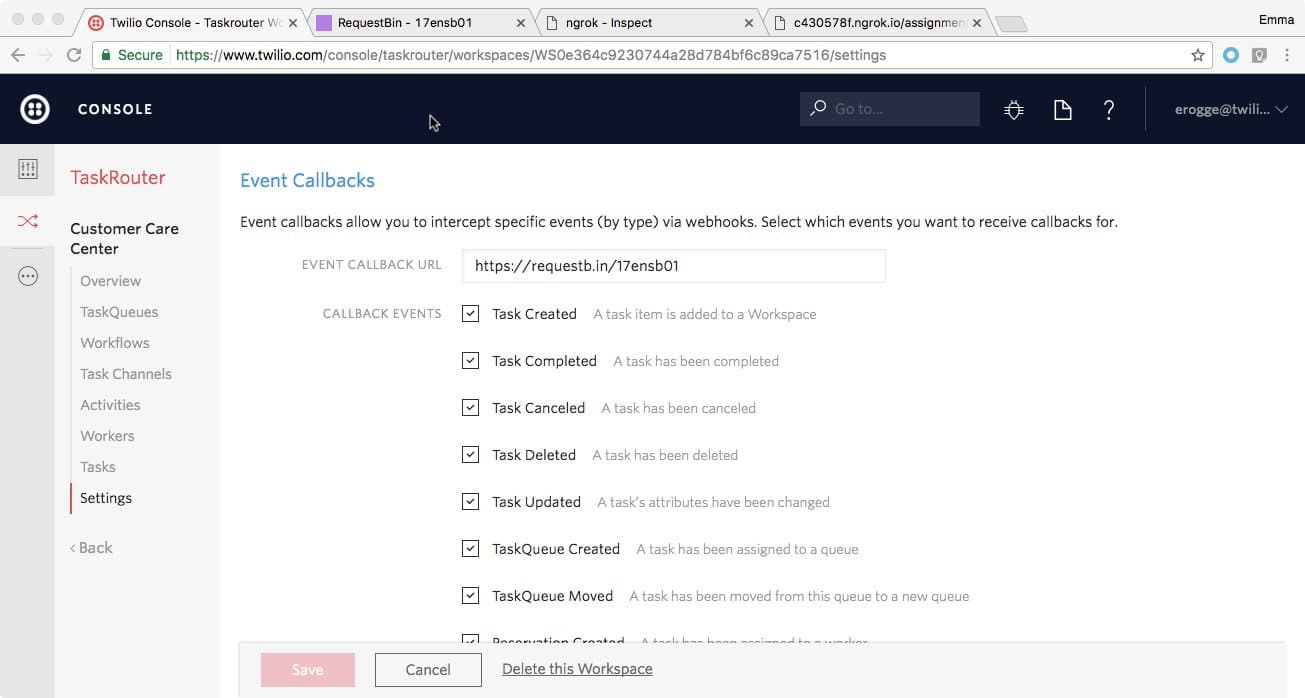 Twilio console showing event callback URL and selected callback events like Task Created and Task Completed.